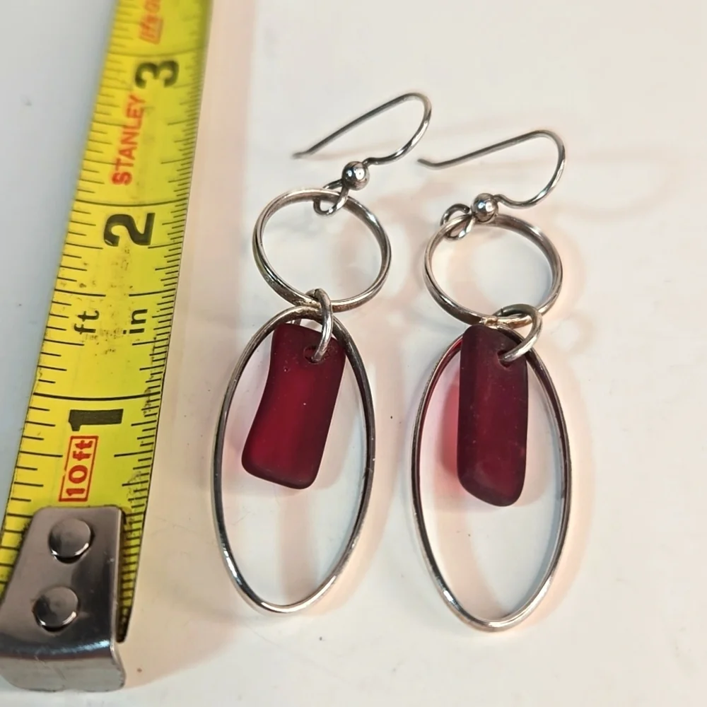 Silver & Sea Glass Elegant Drop Earrings Big Sur Dark Pink NWT